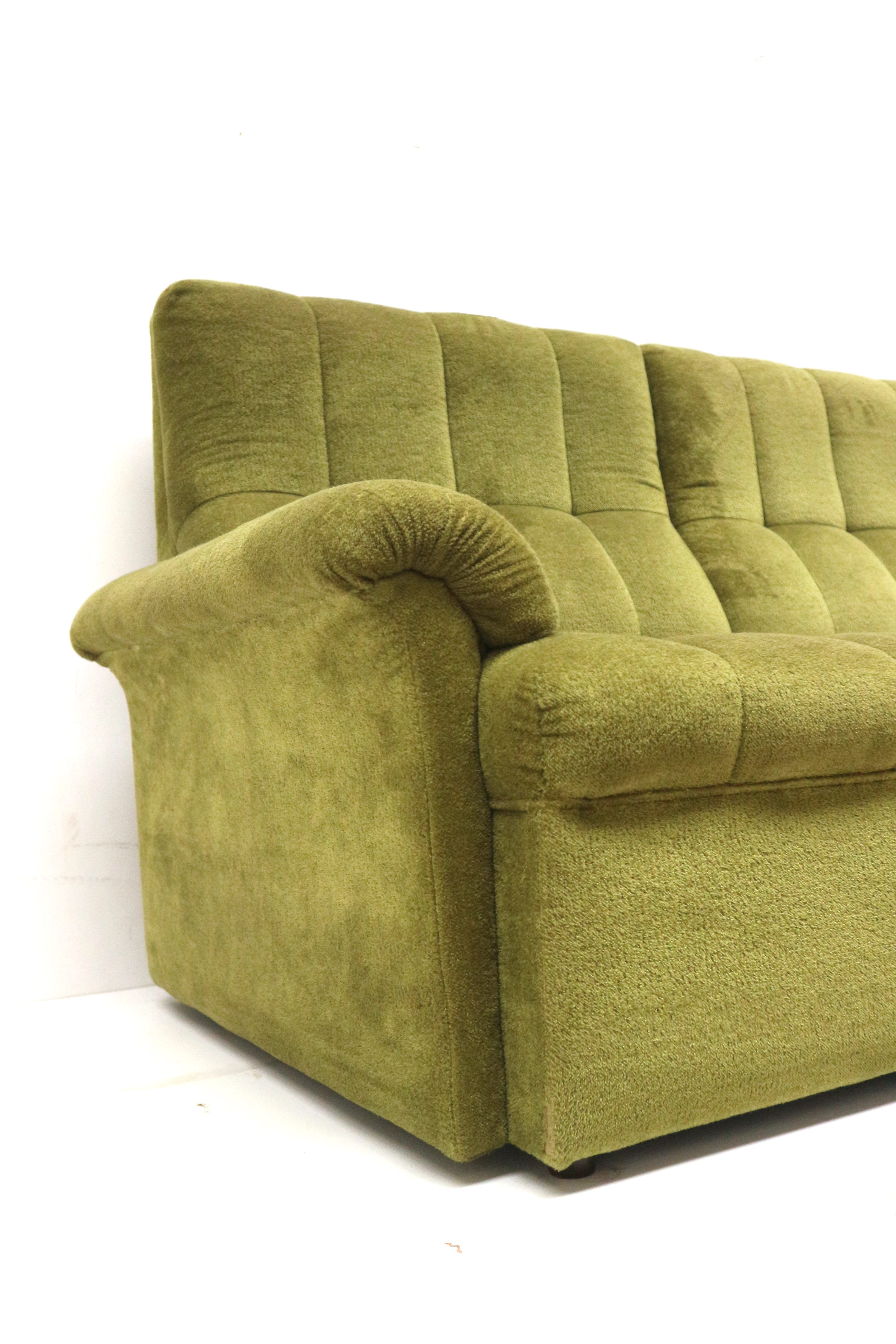 Green velvet vintage element sofa made in the 1970s