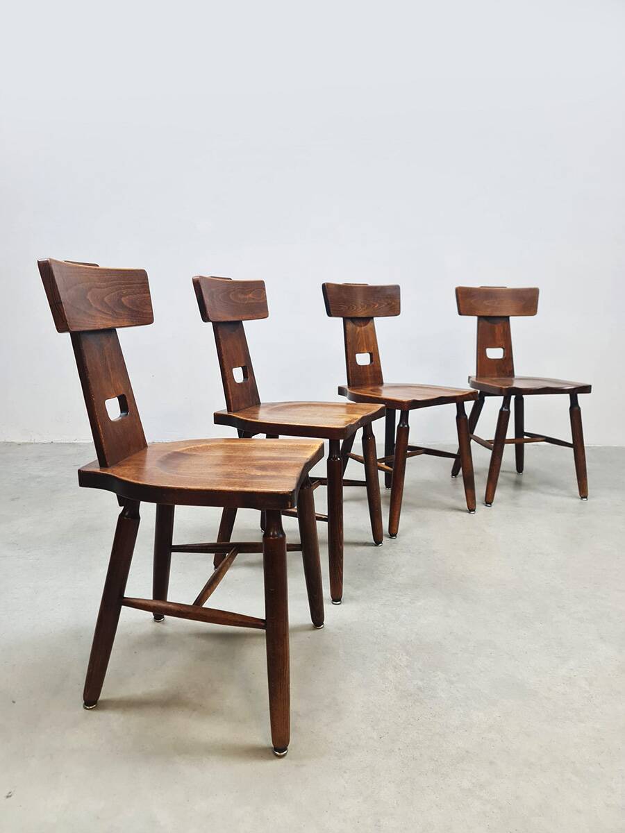 Vintage brutalist T-back dining chairs Pierre Chapo style