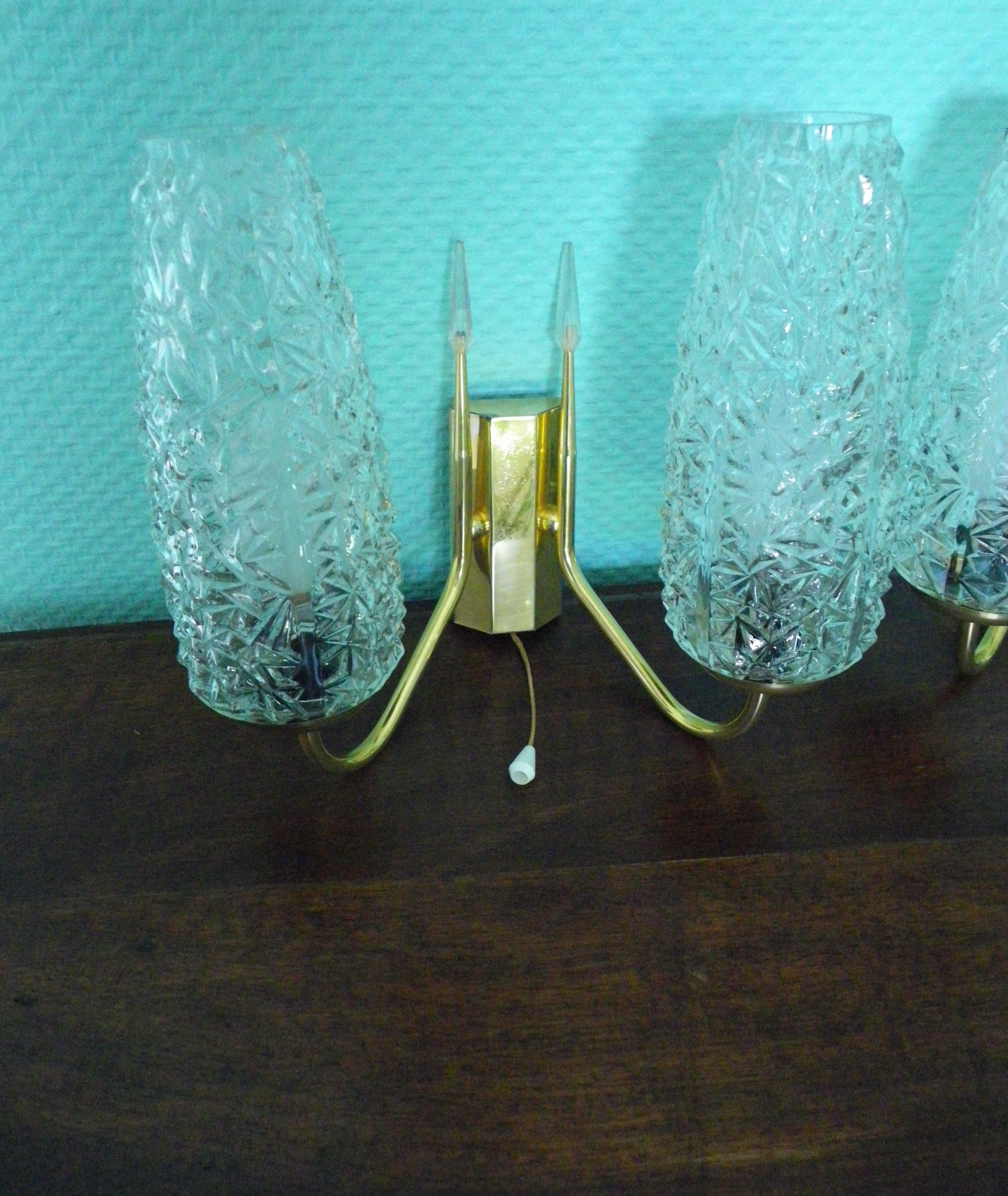 Wall lamps double lighting, with drawer, gilded metal, lampshade in worked glass - 1970