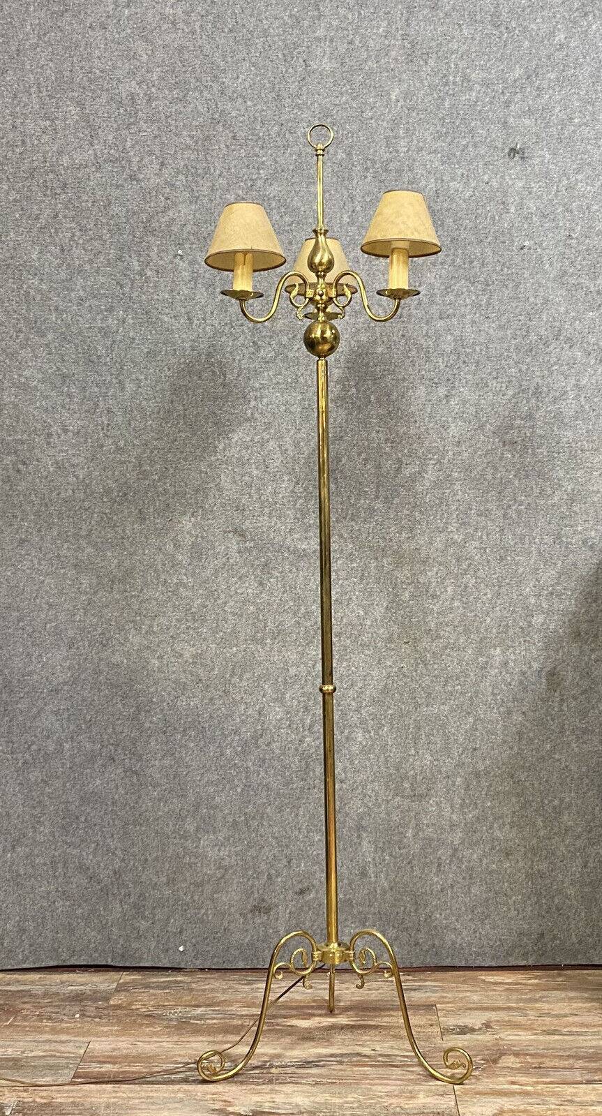 Lucien Gau: large neo-classical floor lamp with old gold patina circa 1960-1970
