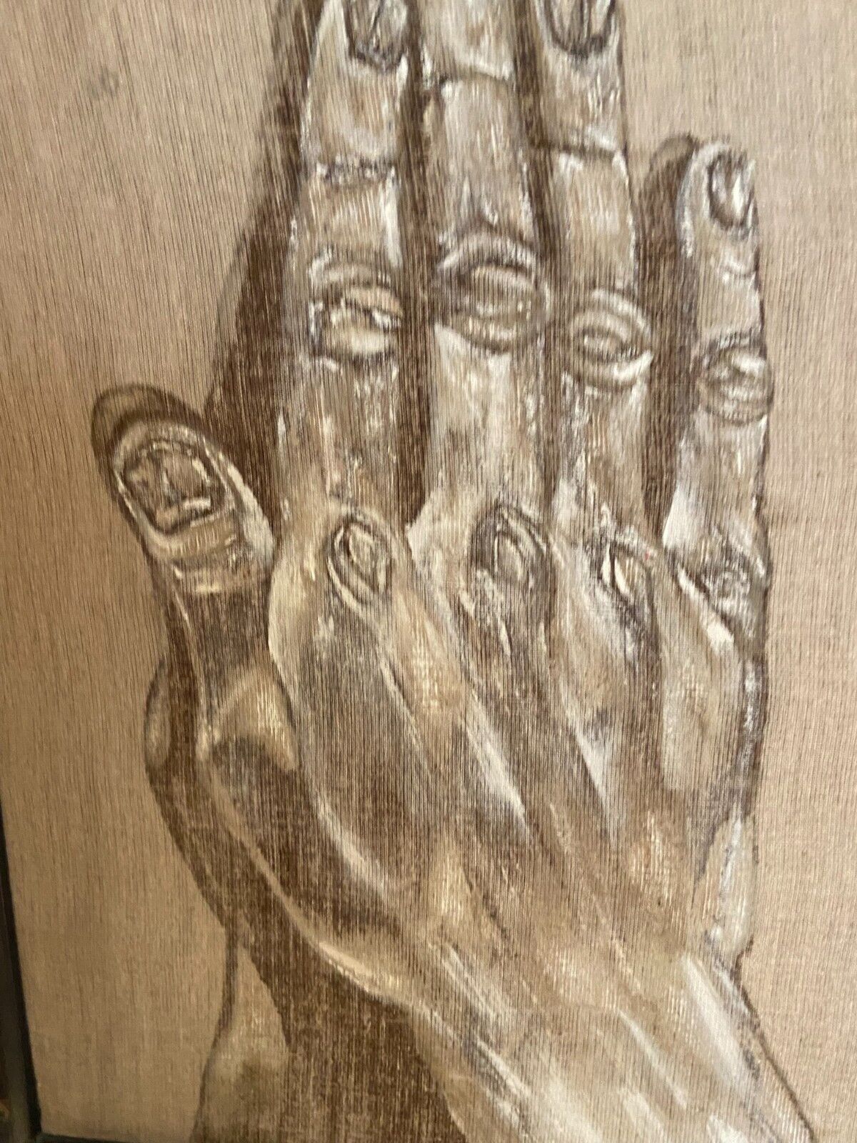 Mixed media on canvas academic study with a two-sided hand