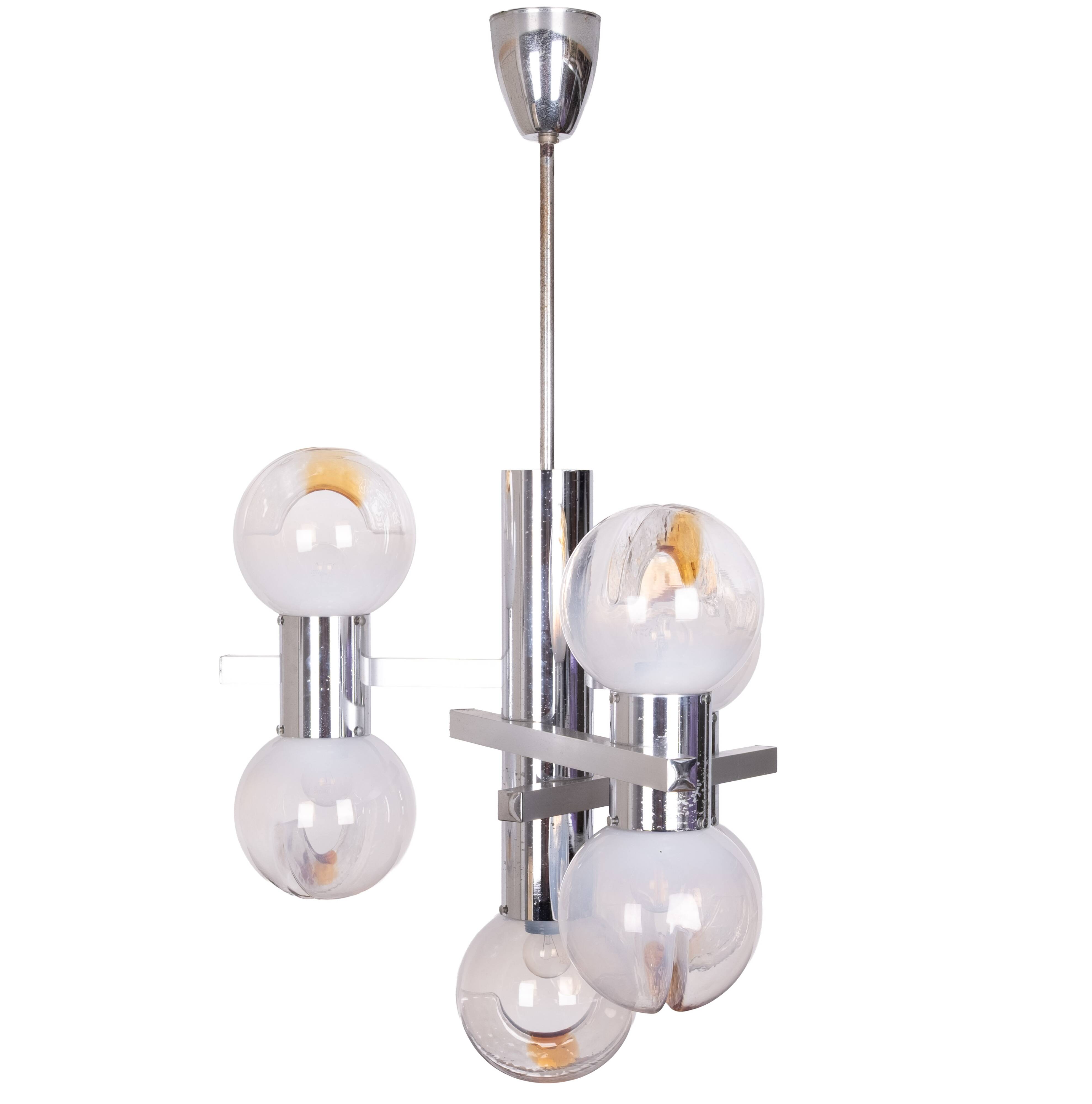 Mazzega Murano Chandelier / Space Age Glass Pendant Light 1970s Italy