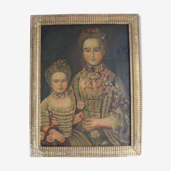 Portrait femme et fille huile sur toile encadrée, XIXe