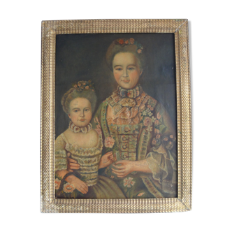 Portrait woman and daughter oil on canvas framed, 19th century
