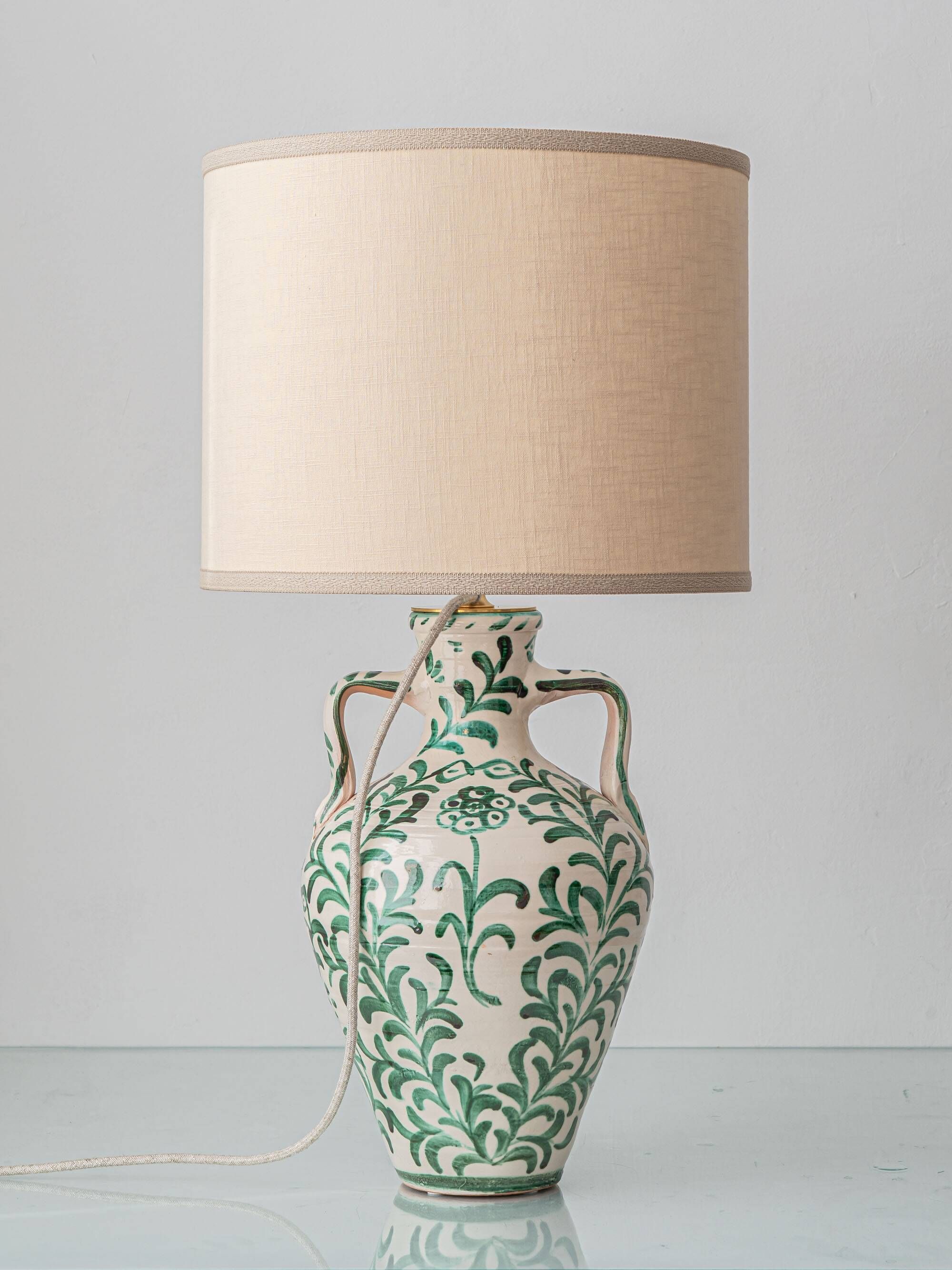 Spanish Revival Ceramic Table Lamp Pair from Granada, New Linen Lampshades