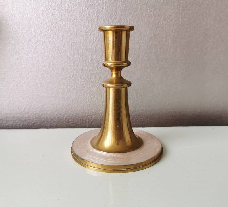 Set of 2 brass candle holders with mother-of-pearl, 1970s