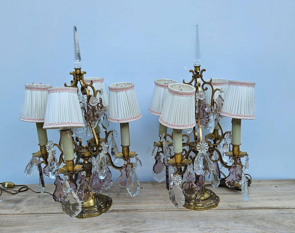 Pair of Gilt Bronze Candelabras with Colored Crystal Tassels