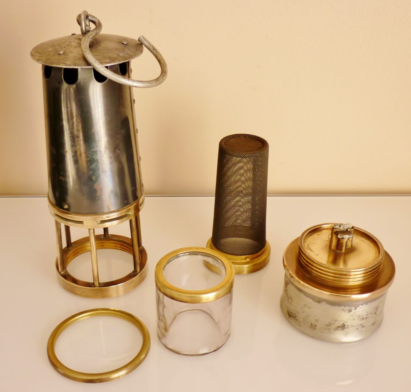 Old miner's lamp, thick glass, brass, metal