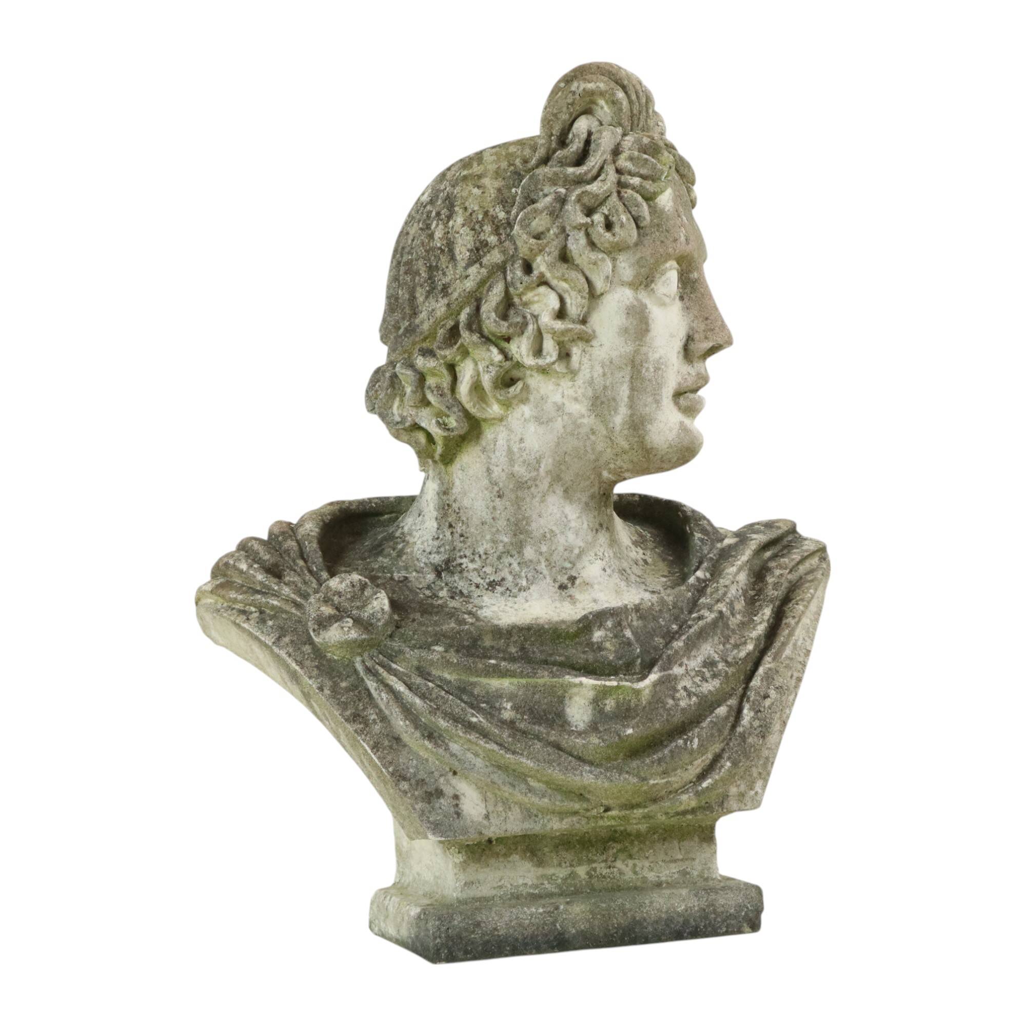 Beautiful Weathered Apollo Bust Garden Statue Cast Stone 65cm