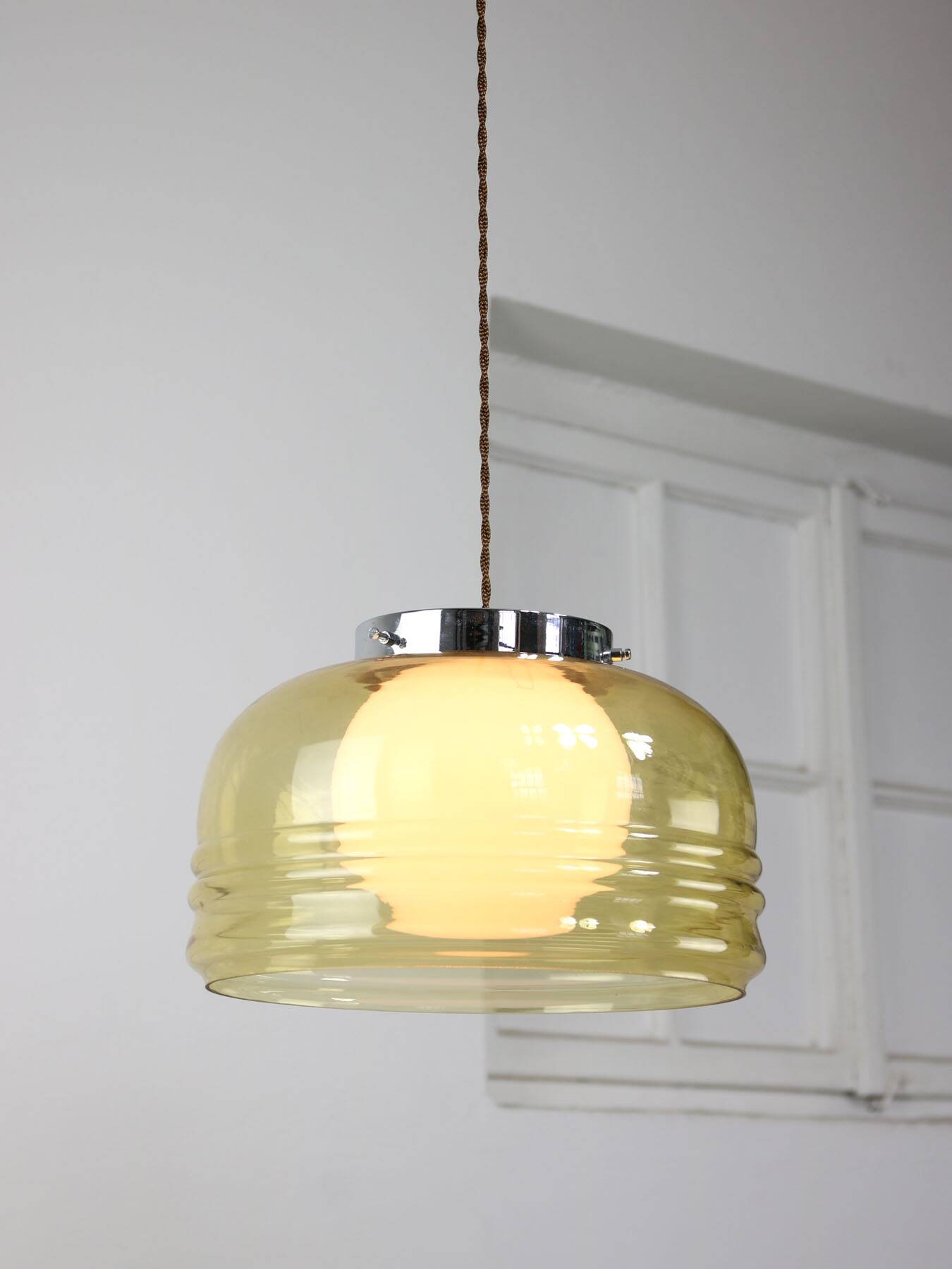 Vintage Italian Chrome and Glass Pendant Lamp, 70s