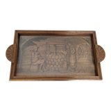 Vintage wooden serving tray signed Souron