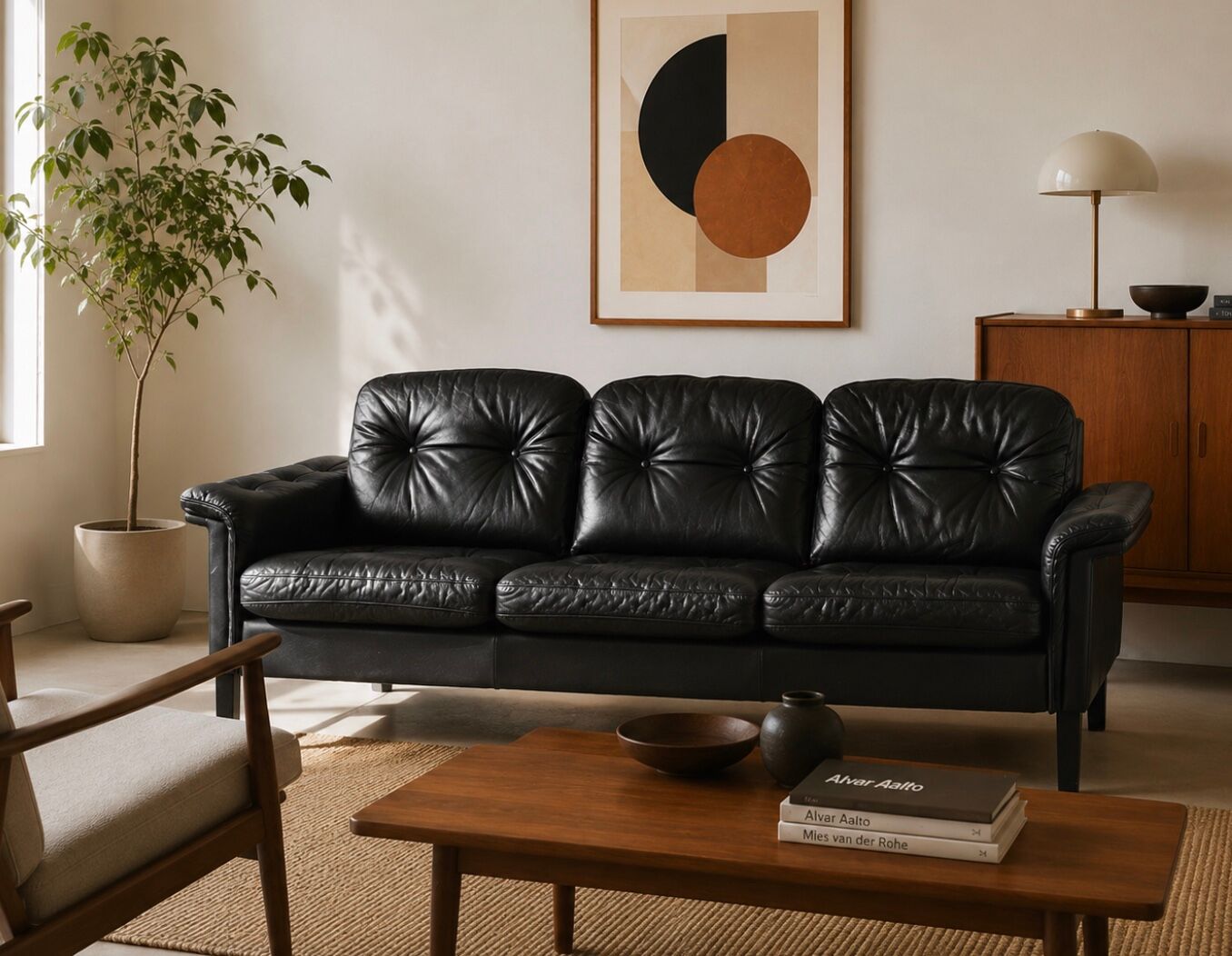 Vintage Danish mid-century 3 person black leather sofa 1970s
