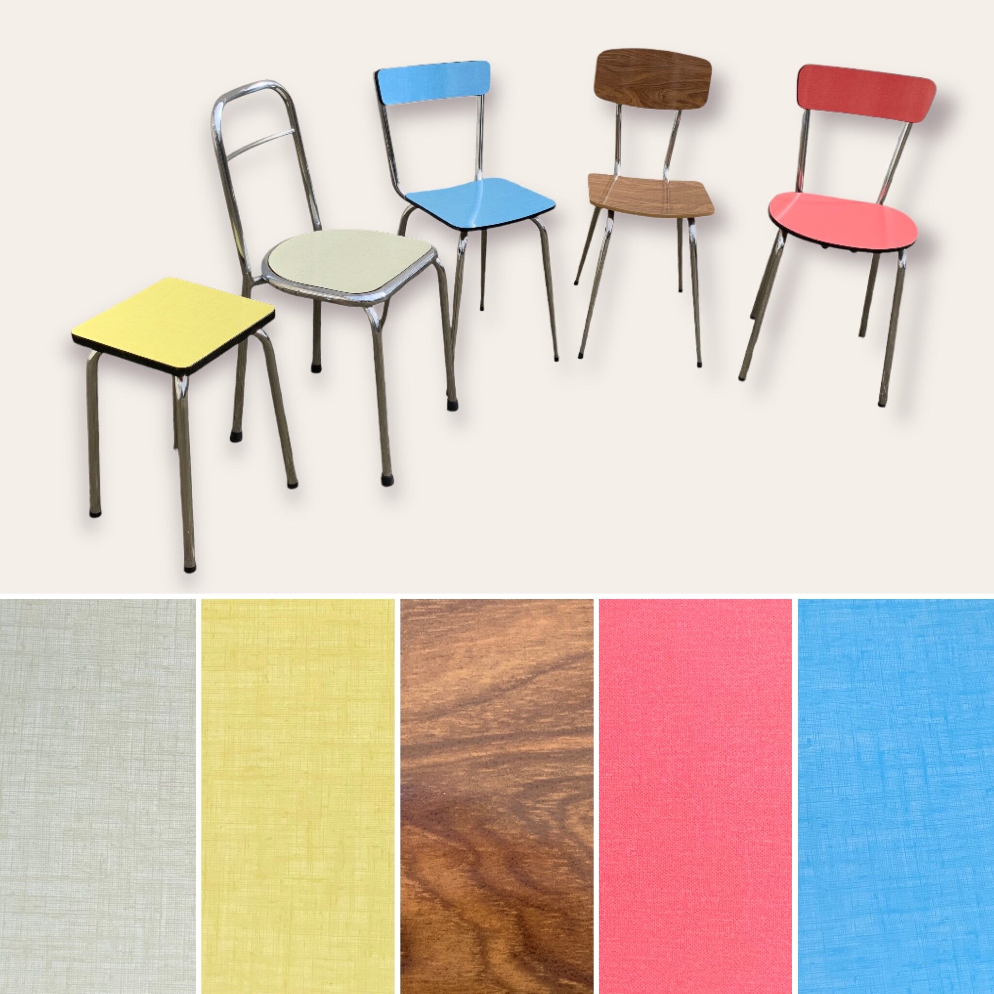 Mismatched formica chairs and stool 1960