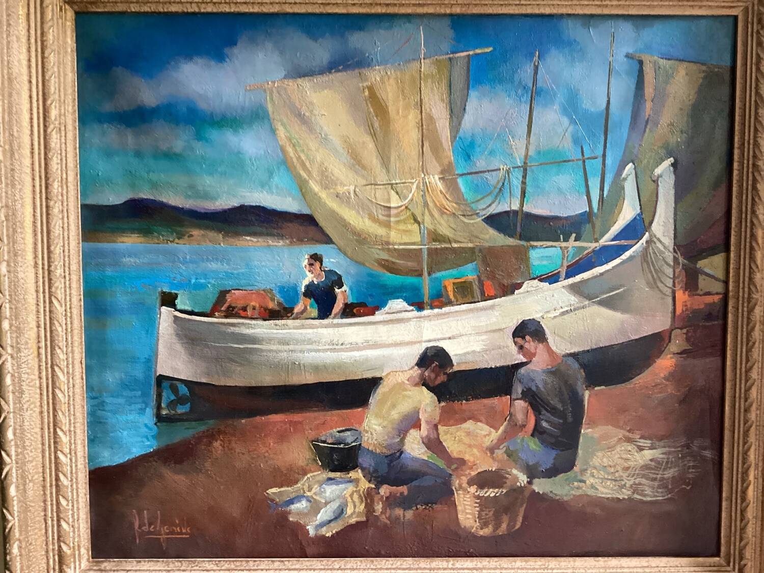 Surrealist oil on canvas Robert Degenève Belgian fishing boats