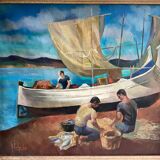 Surrealist oil on canvas Robert Degenève Belgian fishing boats