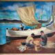 Surrealist oil on canvas Robert Degenève Belgian fishing boats