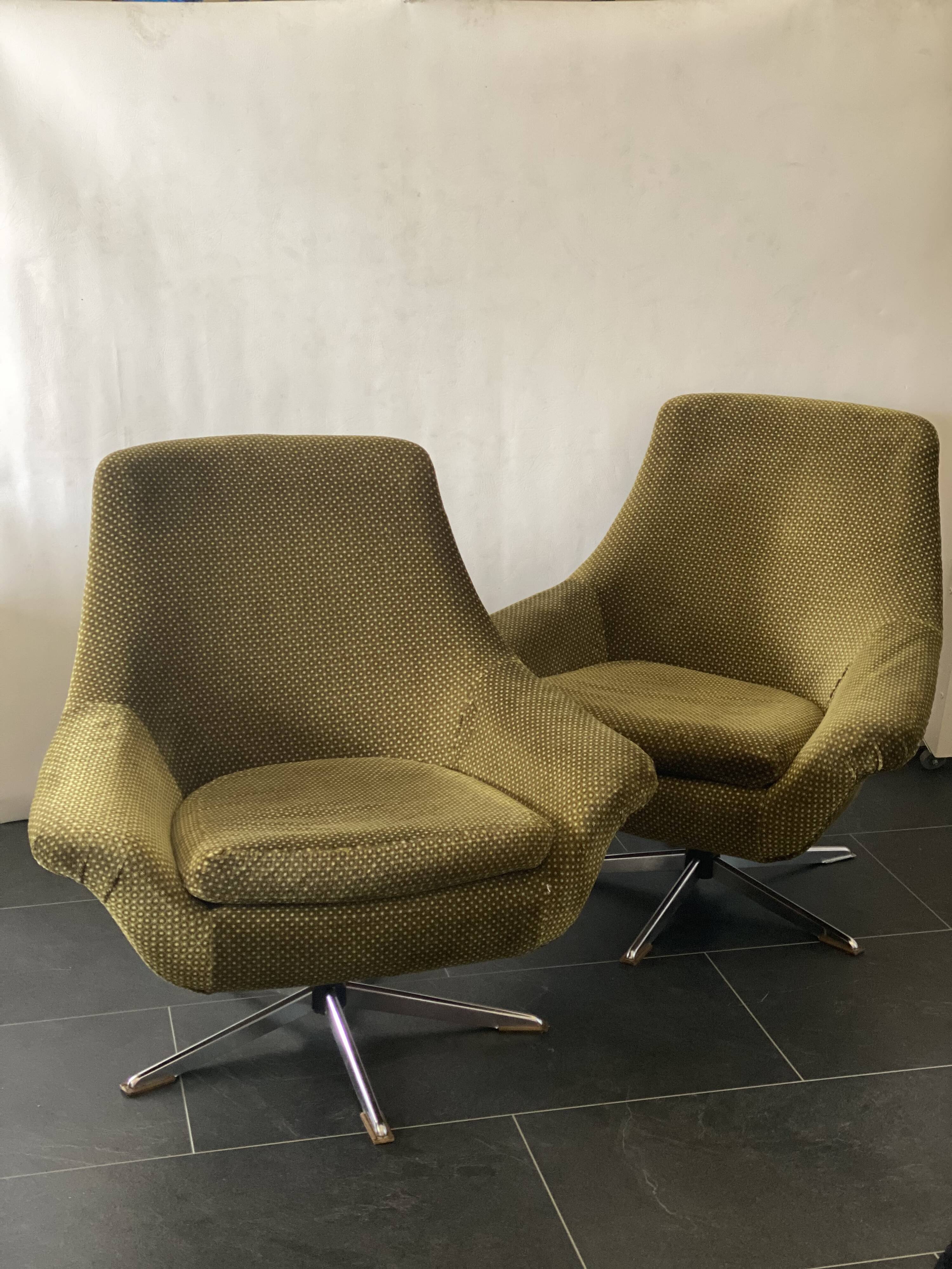 Pair of Vintage Green Velvet Swivel Chairs