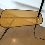 Mid-century tripod floor lamp with perforated metal shelf