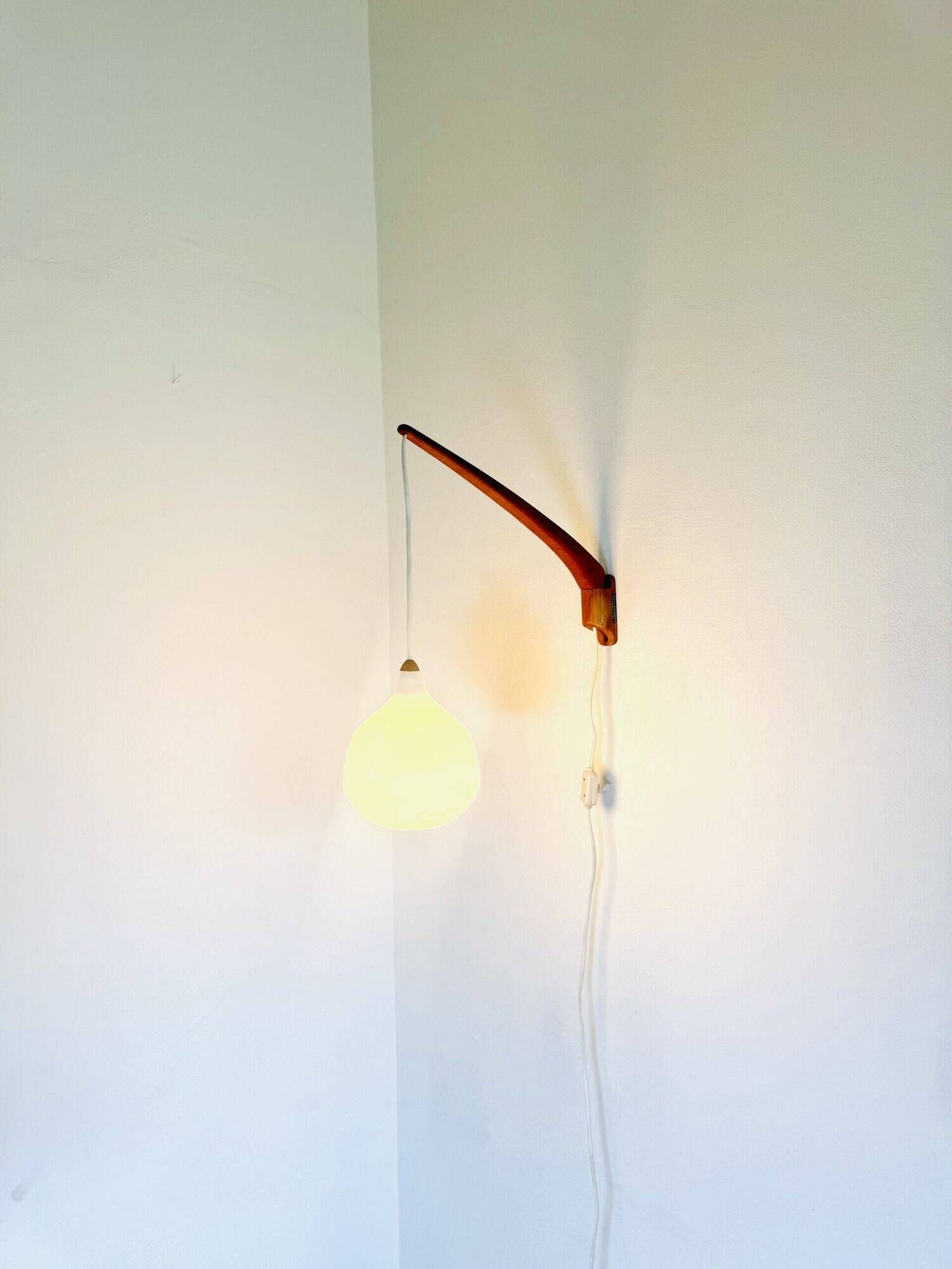 Model 705 Wall Lamp In Teak And Opaline Glass By Uno & Östen Kristiansson For Luxus, Sweden 1960S