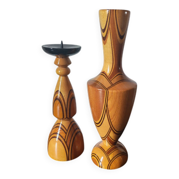 Duo vase & candlestick vintage in turned and laminated wood in Scandinavian style.