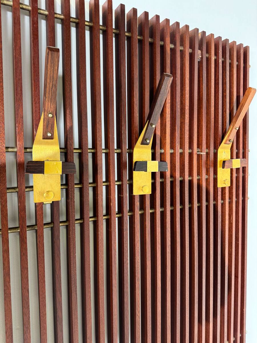 Modular coat rack in wood and brass, Italy, 1950s