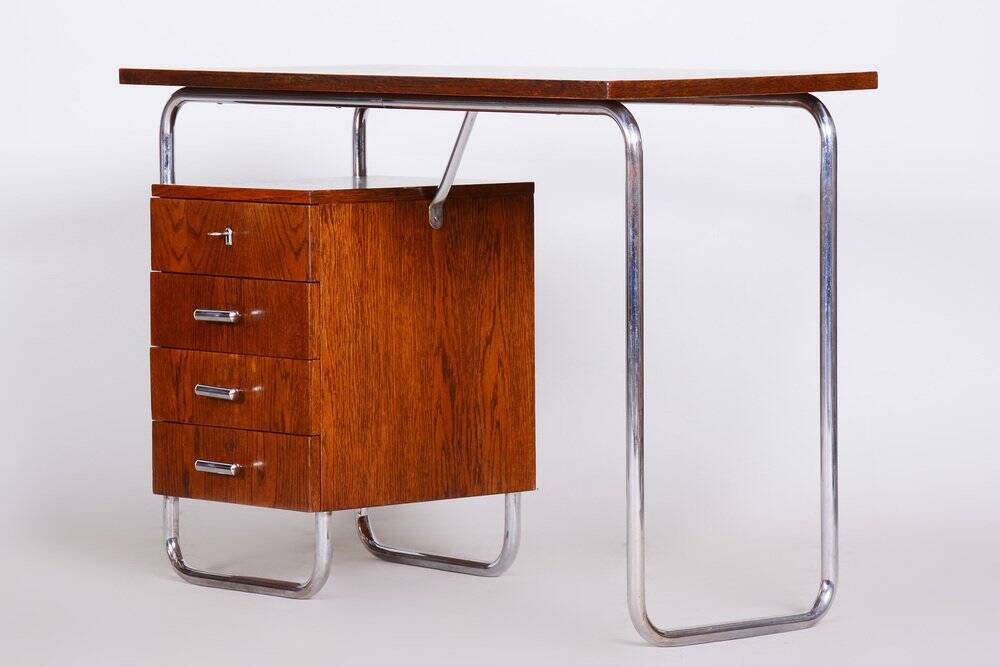 Bauhaus Writing Desk in Oak and Chrome by R. Slezák, Czech, 1930s