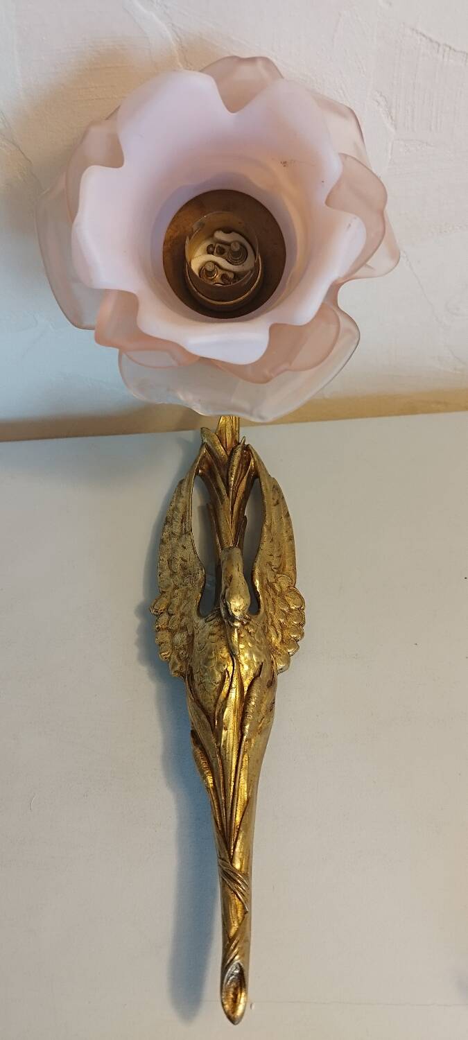Pair of bronze swan and pink tulip wall lights in glass paste