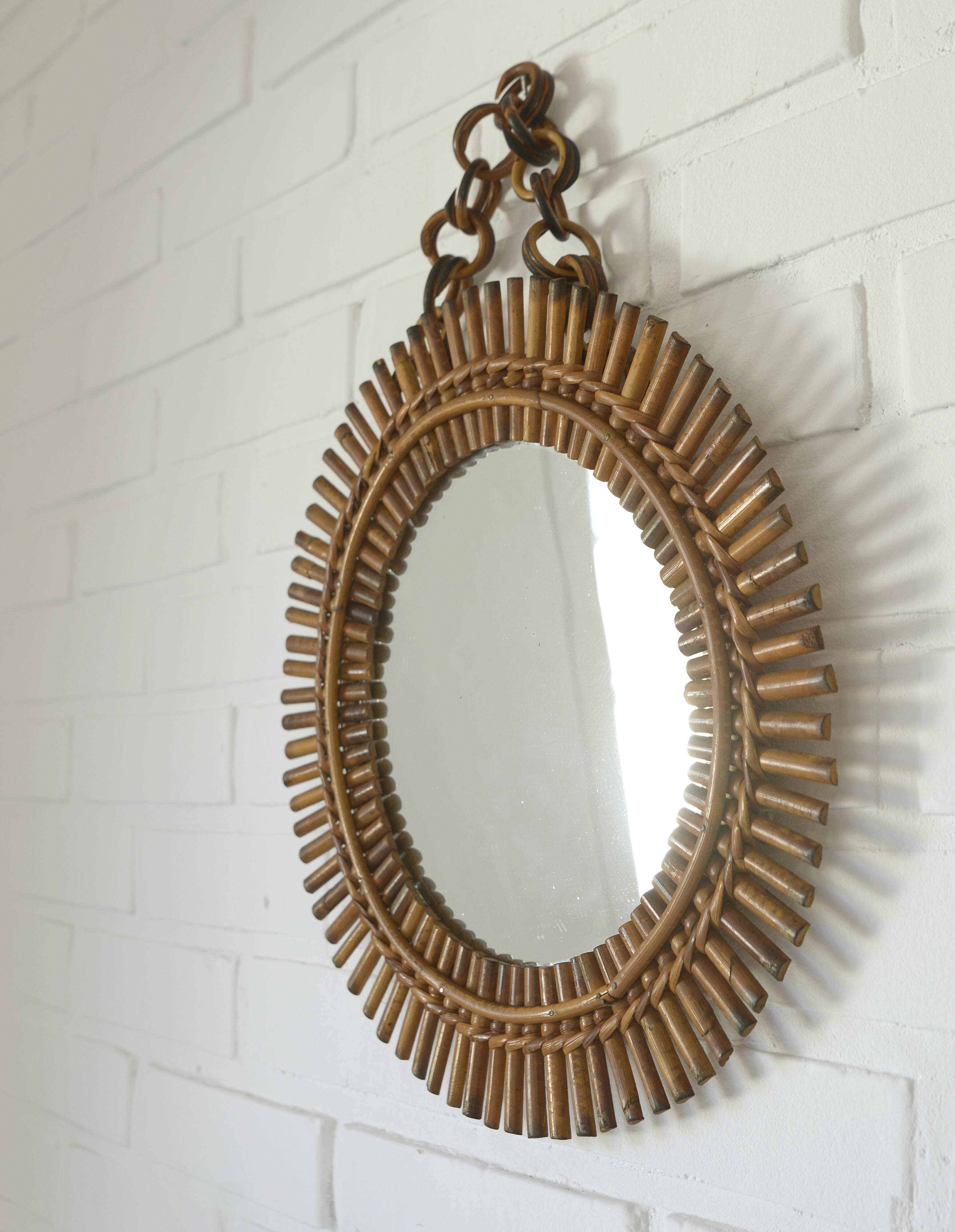 Vintage Bamboo Sunburst Wall Mirror / Mid Century Boho Decor 1970's