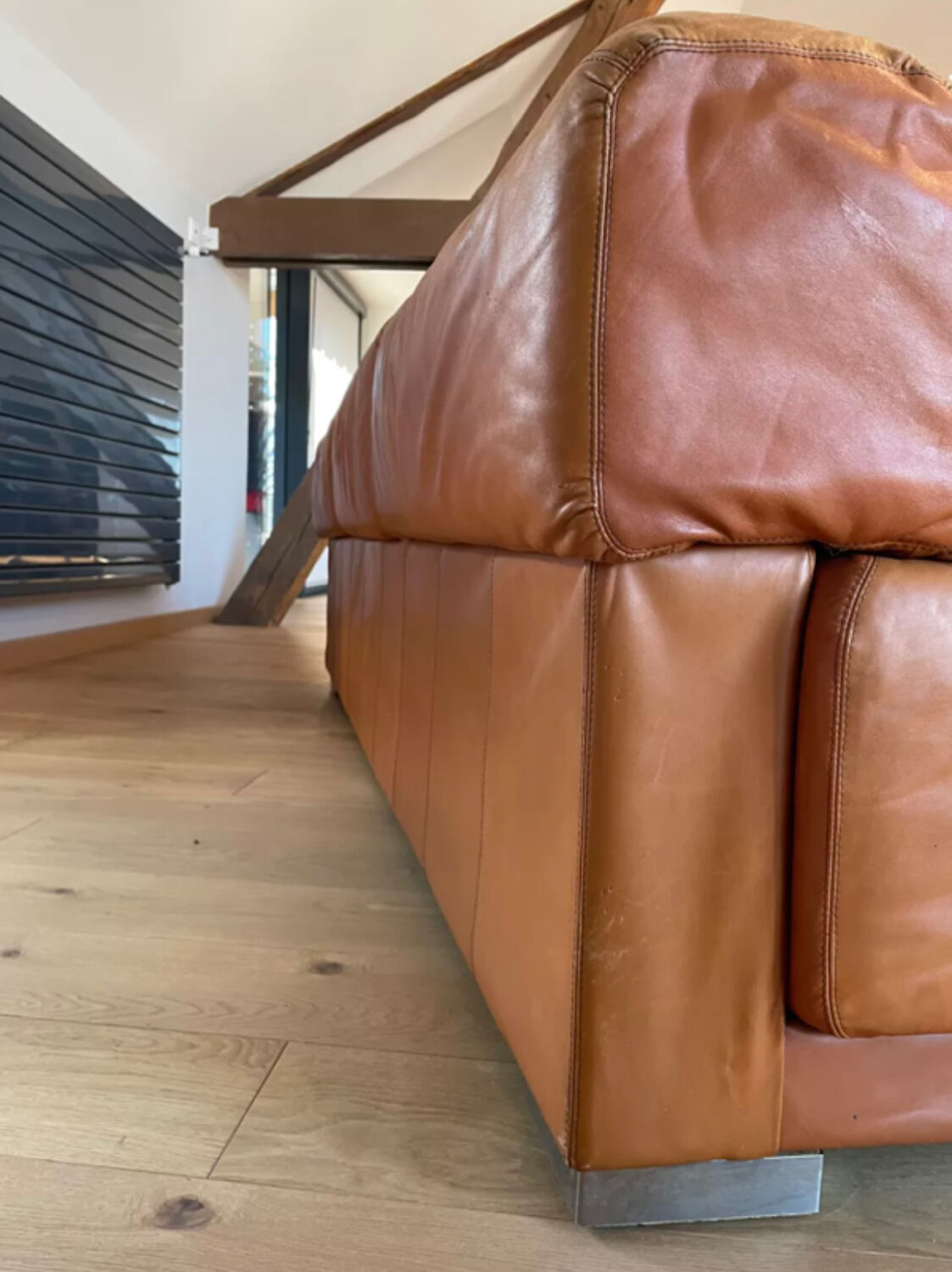 Vintage 3-seater sofa Gérard Guermonprez fawn and stainless steel leather, France 1970