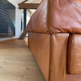 Vintage 3-seater sofa Gérard Guermonprez fawn and stainless steel leather, France 1970