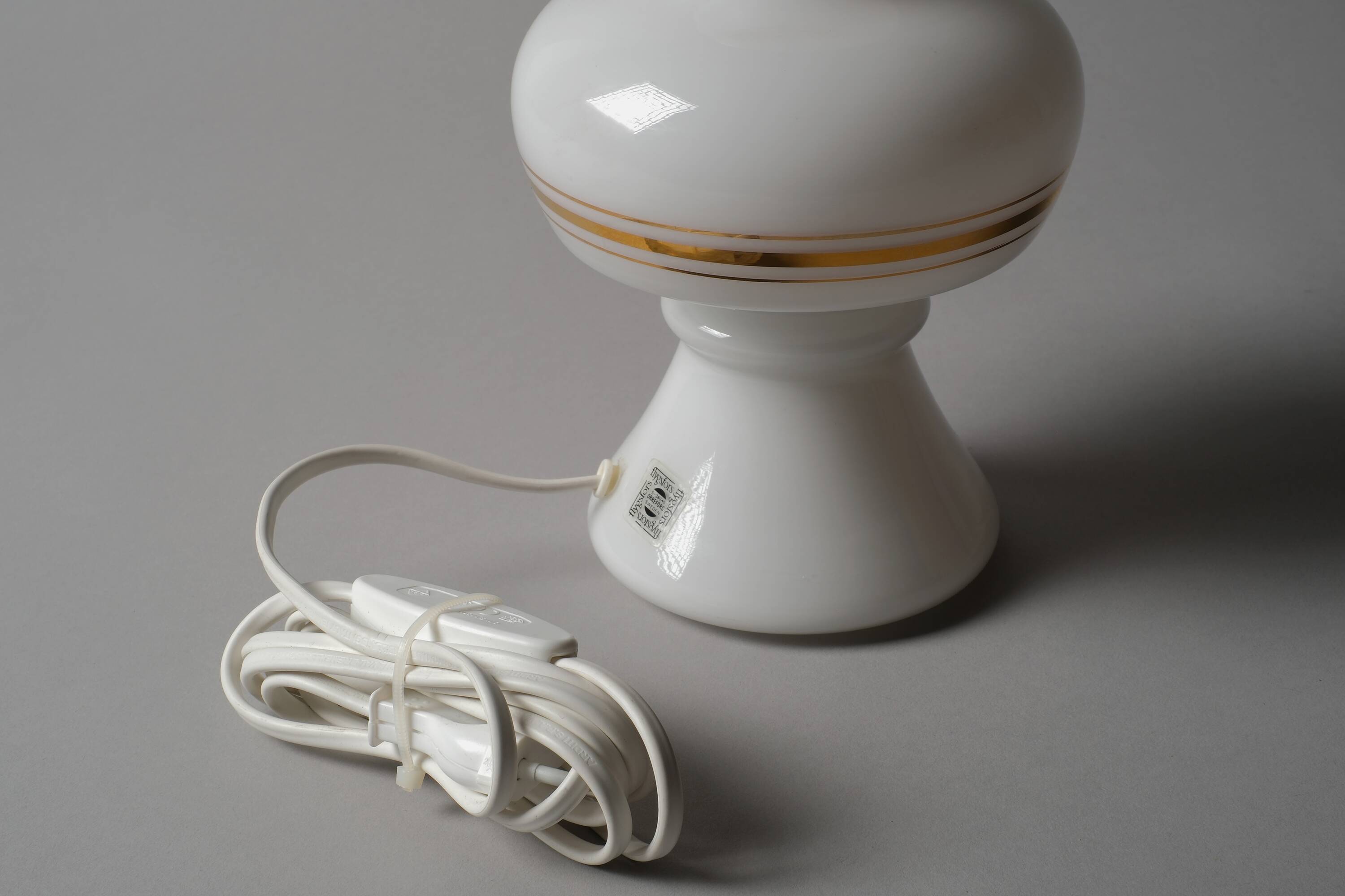 Flygsfors Orrefors White Opaline Glass Mushroom Lamp with Golden Bands, 70s