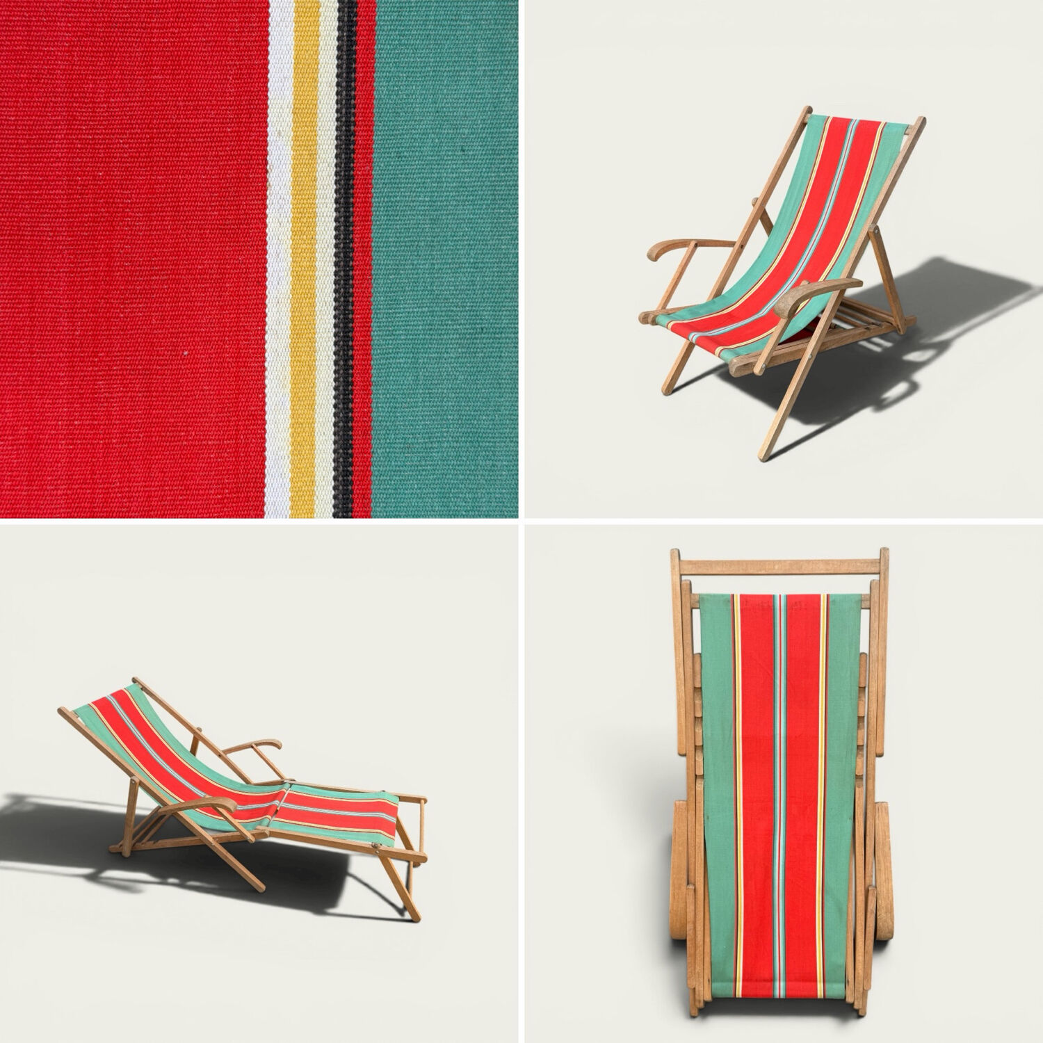 Vintage deck chair with striped green and red fabric, original patina.