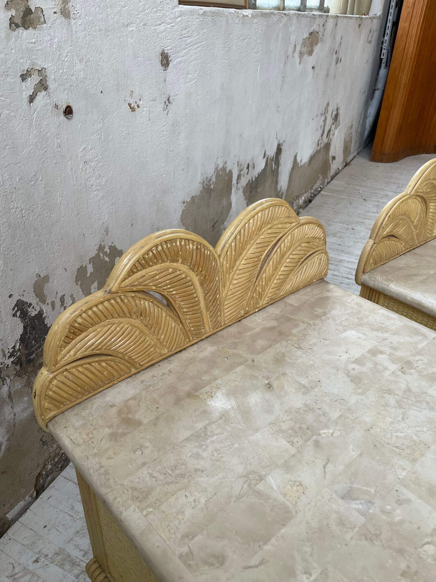 Pair of travertine bedside and rattan palm tree "vivai del sud"