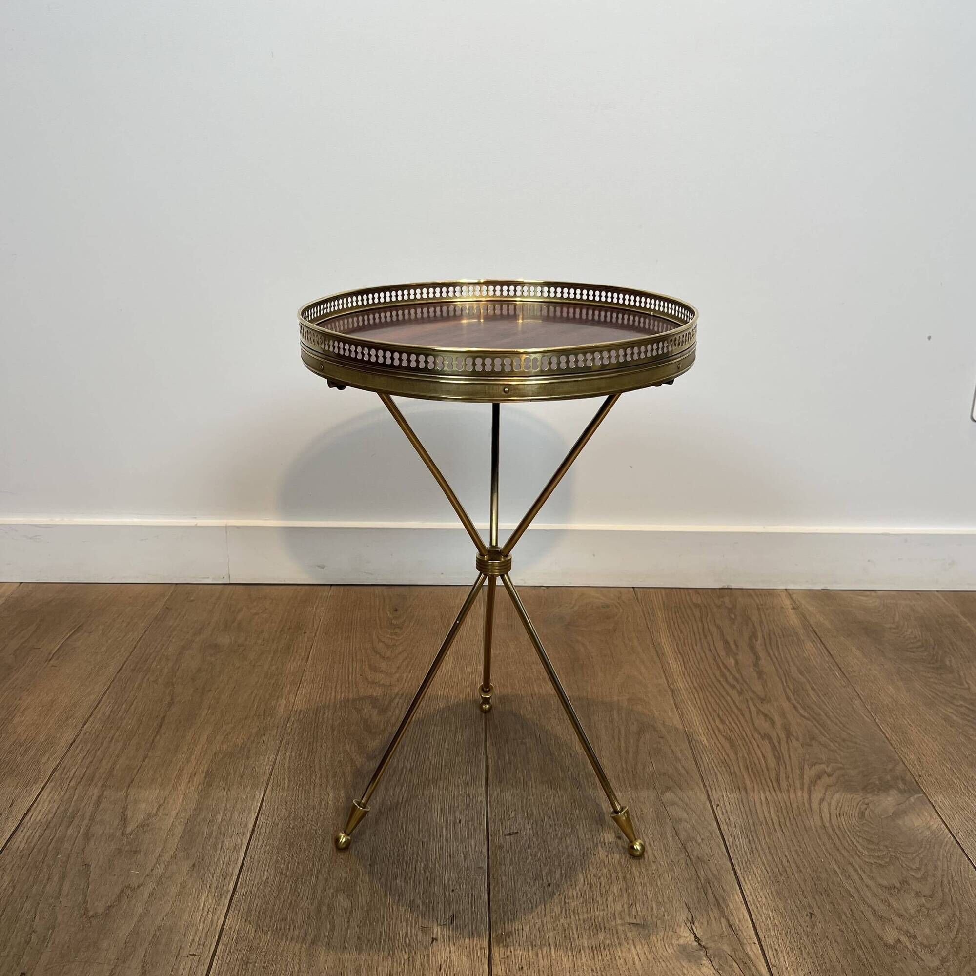Tripod Side Table in Brass with Mahogany Top and Openwork Gallery. St. Trava