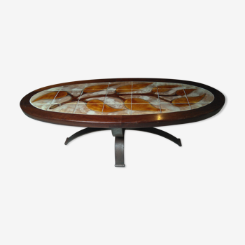 Table basse elliptique vintage bois et céramique signée Dan Vallauris