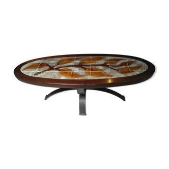Table basse elliptique vintage bois et céramique signée Dan Vallauris