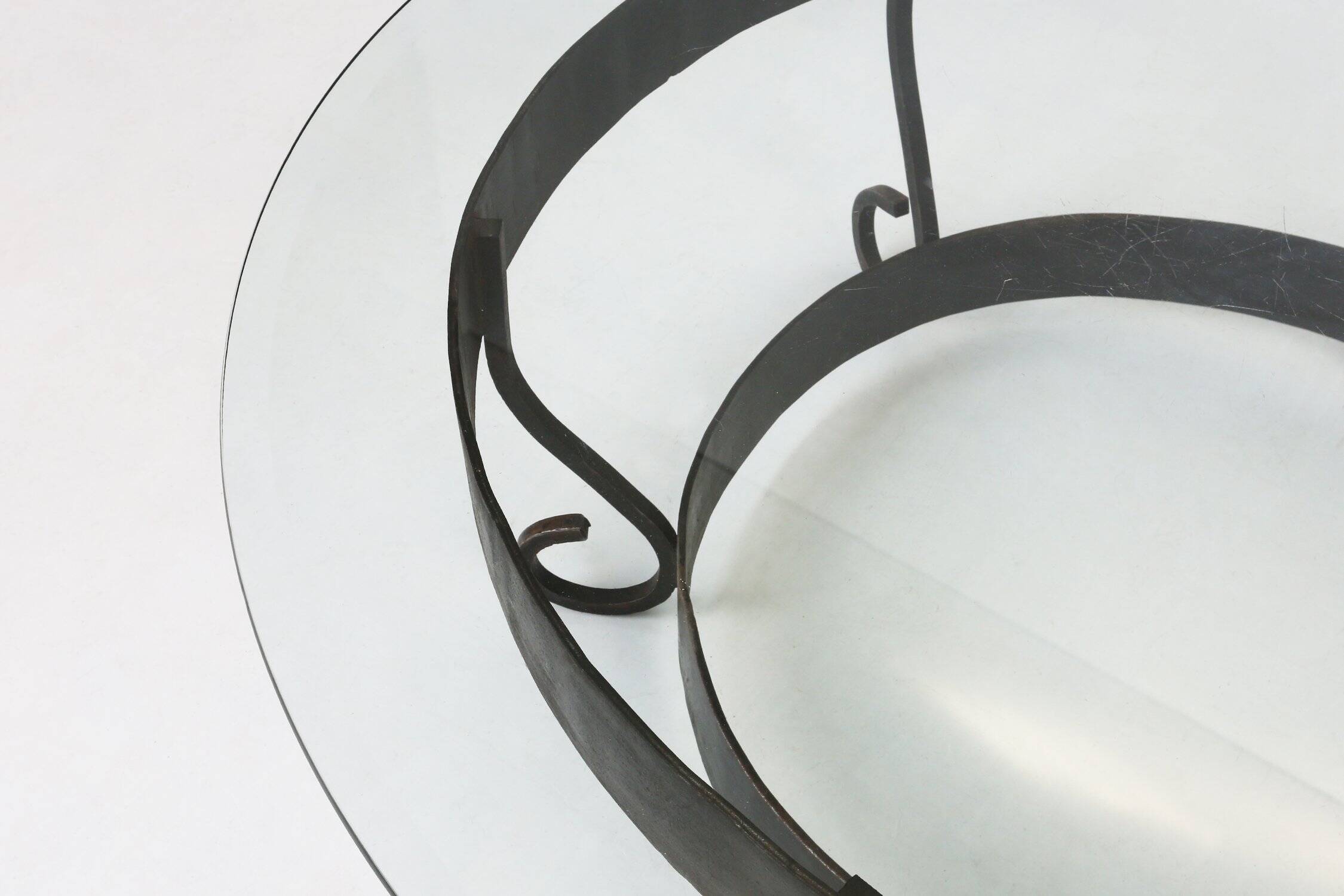 Round Coffee Table with Wrought Iron Base and Glass Top, France, 1930s