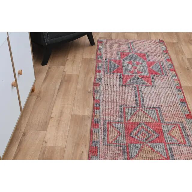 Pink Red Vintage Oushak Wool Turkish Runner Rug 83x305