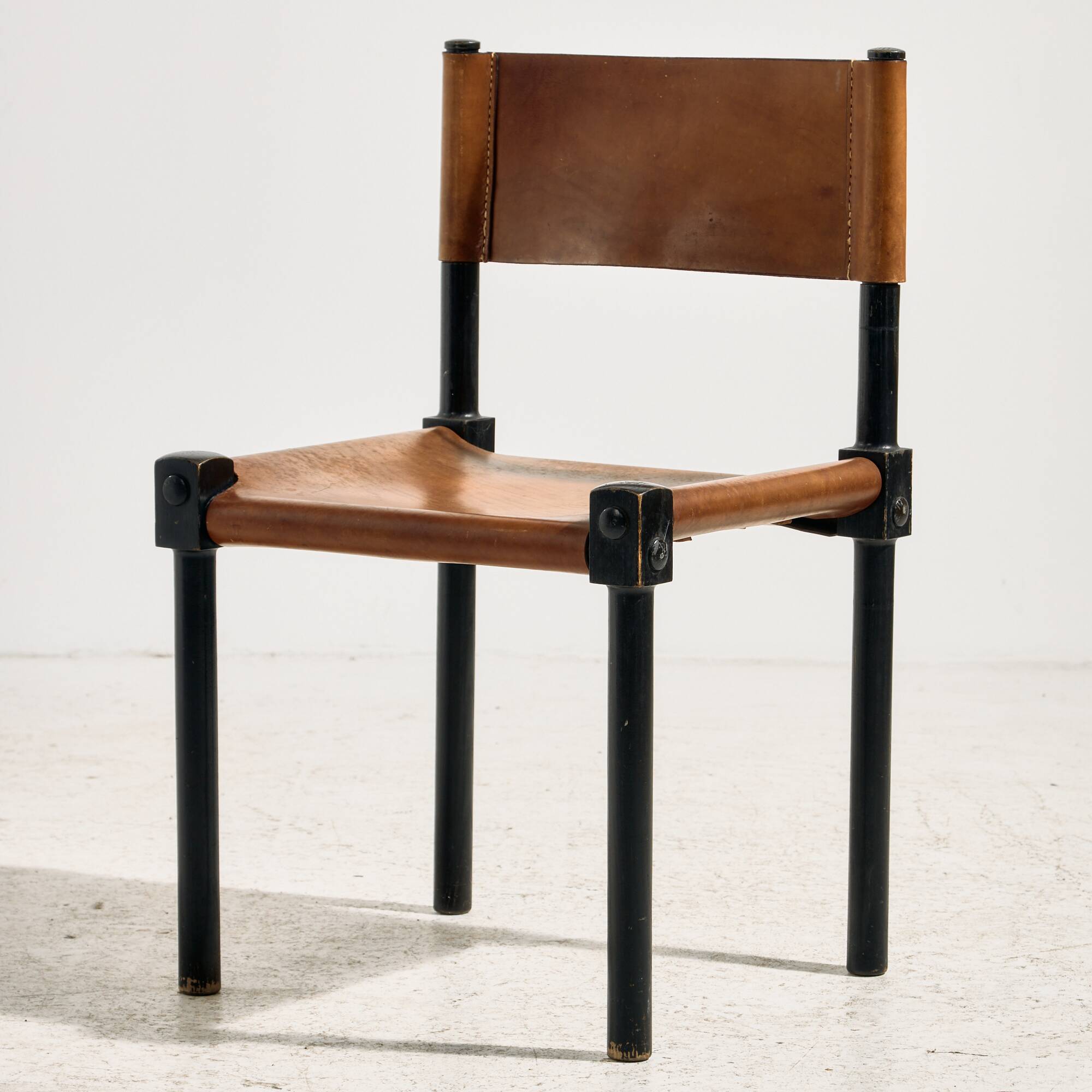 Brutalist beech and leather chair, set of 4
