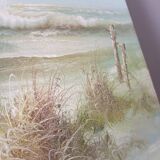 Oil on canvas seascape ocean, lighthouse and beach, signed J. Thompson