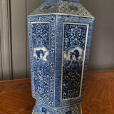 Pair of Japanese hexagonal blue background vases with cut sides DEC 739