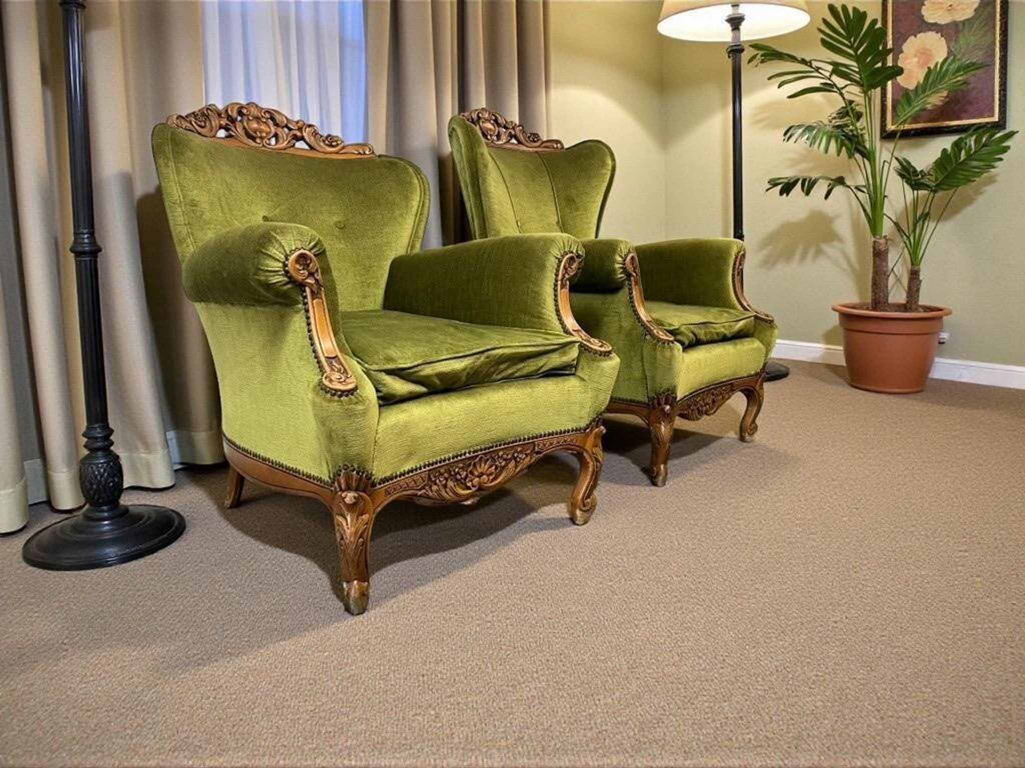 set of 2 vintage green baroque armchairs / armchairs / club chairs