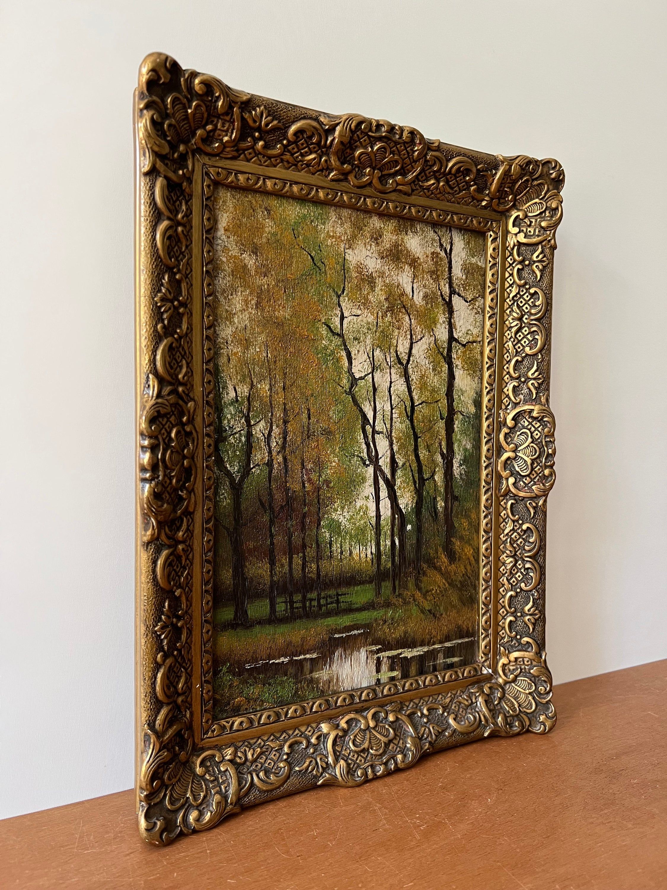 1950s Landscape, Framed Forest Landscape Oil Painting, Forest Oil Painting