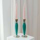 Ensemble de 2 porte-bougies en métal peint teal dans le style postmoderne Memphis, tasses argentées, vintage des années 2000.