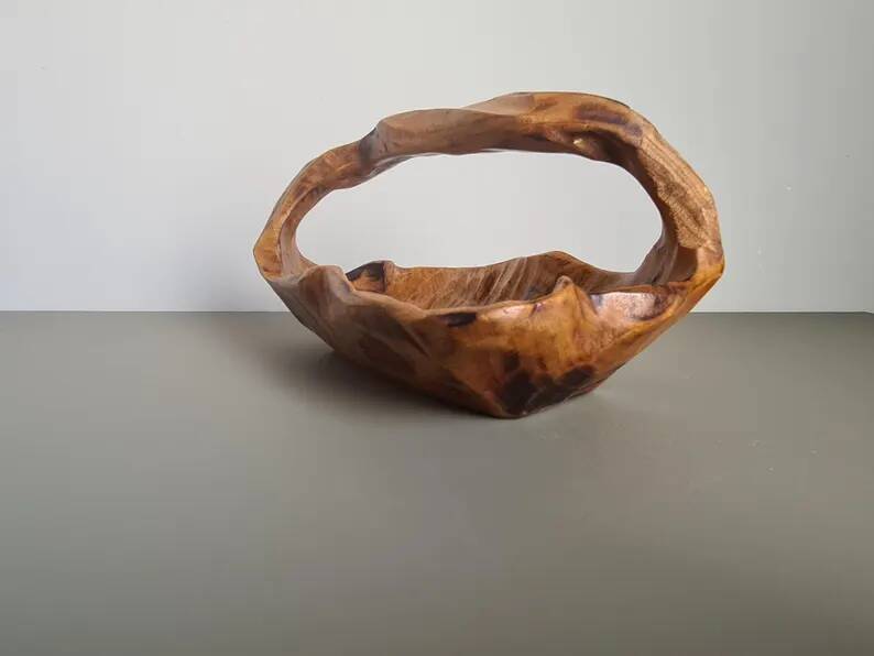 Hand-carved wooden empty pocket basket vintage French