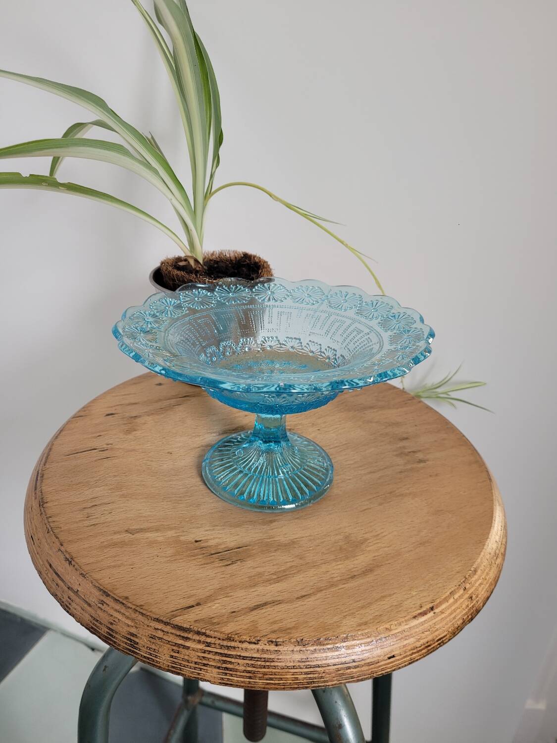 Plate on blue glass pedestal