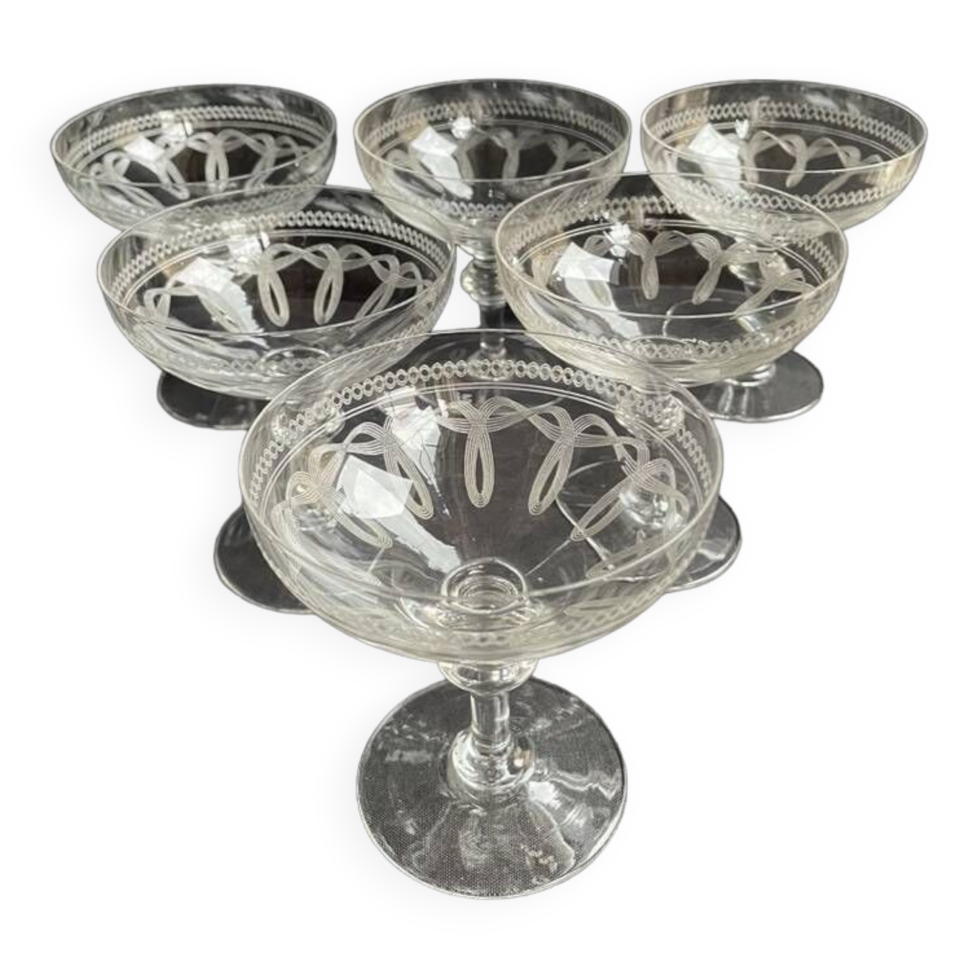 6 guilloché crystal champagne glasses – Art Nouveau