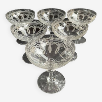 6 guilloché crystal champagne glasses – Art Nouveau