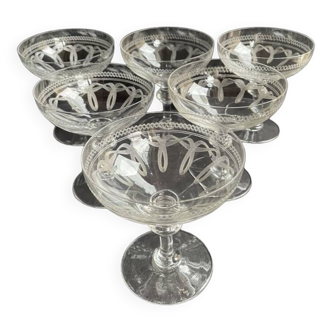 6 guilloché crystal champagne glasses – Art Nouveau