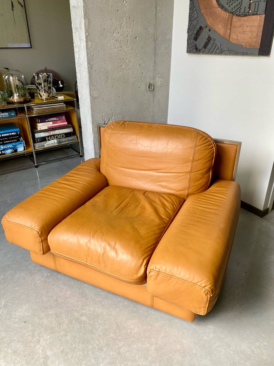 Fauteuil vintage Steiner en cuir havane